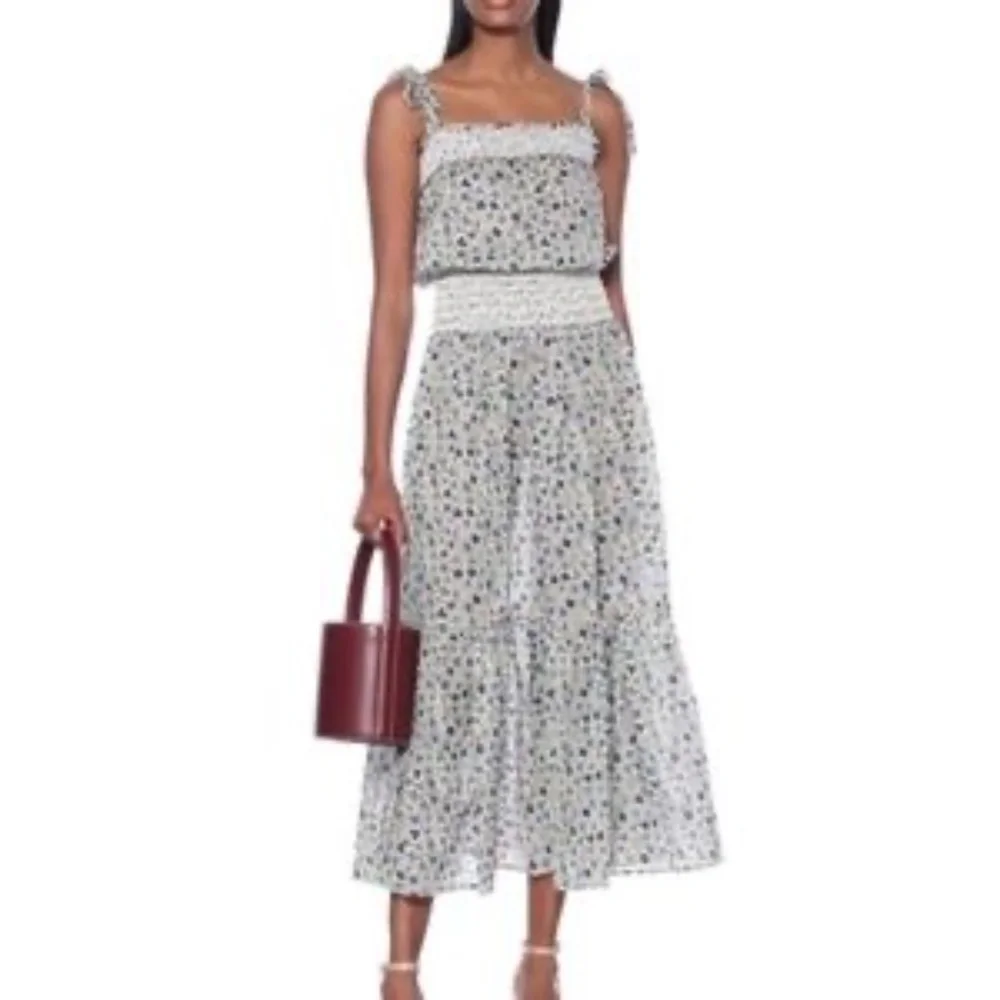 Tory Burch Smocked Floral Print Floral Cotton Voile Dress sz M NWT